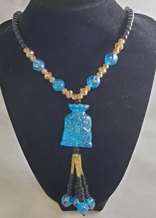AZ14 Black Bead Fashion Blue Money Bag Glass Long Necklace With Free Earrings polly Necklaces AZ14 Black Bead Fashion Blue Money Bag Glass Long Necklace With Free Earrings polly Necklaces