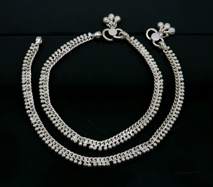 Bracelets 11 sterling silver solid customized Waved tiny beaded design ankle bracelet foot bracelet anklet vintage tribal belly dance jewelry ank373 TRIBAL ORNAMENTS