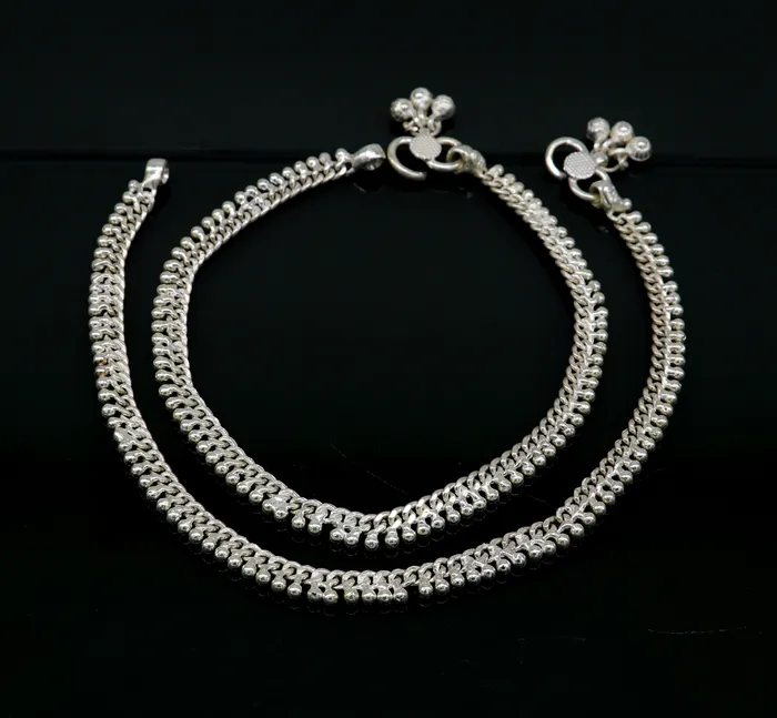 Bracelets 11 sterling silver solid customized Waved tiny beaded design ankle bracelet foot bracelet anklet vintage tribal belly dance jewelry ank373 TRIBAL ORNAMENTS