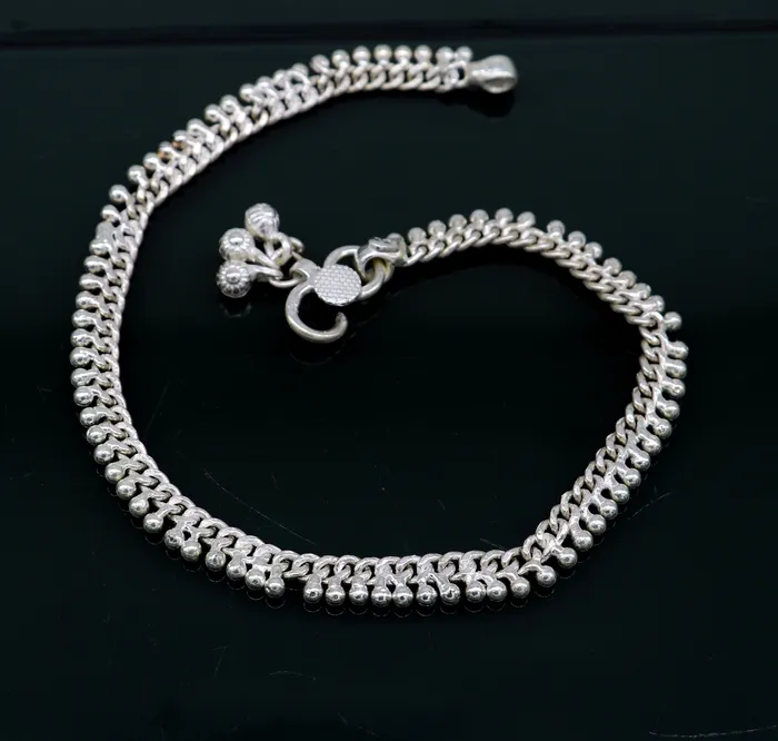 Bracelets 11 sterling silver solid customized Waved tiny beaded design ankle bracelet foot bracelet anklet vintage tribal belly dance jewelry ank373 TRIBAL ORNAMENTS