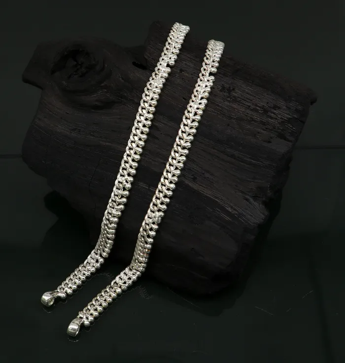 Bracelets 11 sterling silver solid customized Waved tiny beaded design ankle bracelet foot bracelet anklet vintage tribal belly dance jewelry ank373 TRIBAL ORNAMENTS
