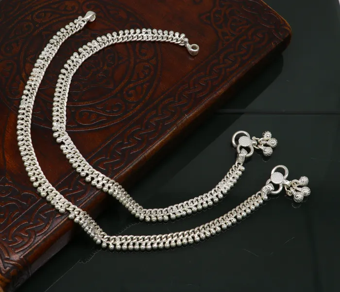 Bracelets 11 sterling silver solid customized Waved tiny beaded design ankle bracelet foot bracelet anklet vintage tribal belly dance jewelry ank373 TRIBAL ORNAMENTS