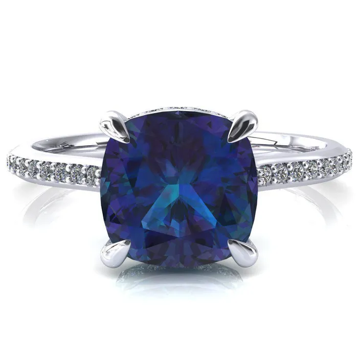 Fire Brilliance Kiki Cushion Alexandrite 4 Prongs Claw Floating Halo 12 Pinpoint Inverted Cathedral Ring Rings