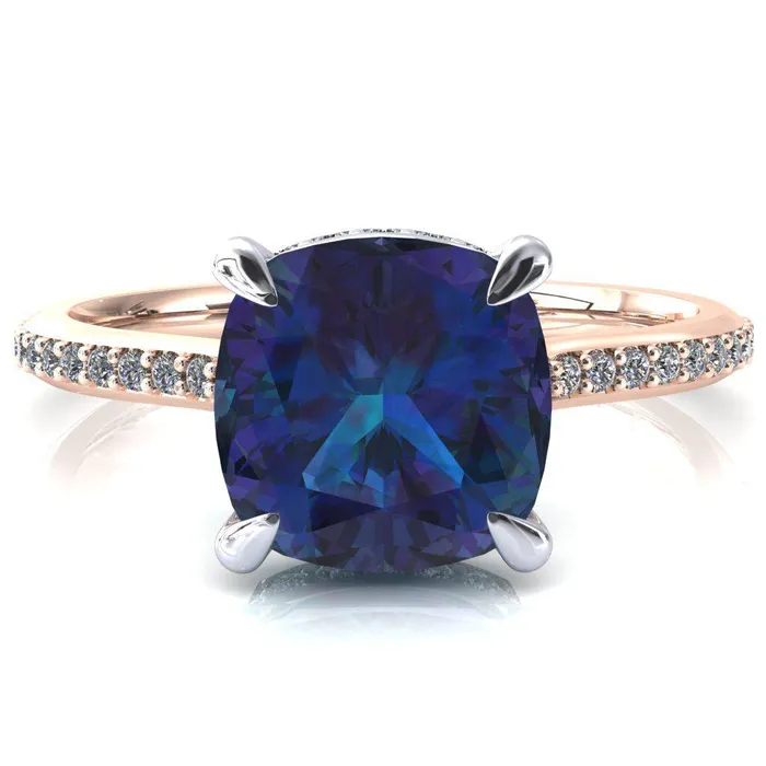 Fire Brilliance Kiki Cushion Alexandrite 4 Prongs Claw Floating Halo 12 Pinpoint Inverted Cathedral Ring Rings