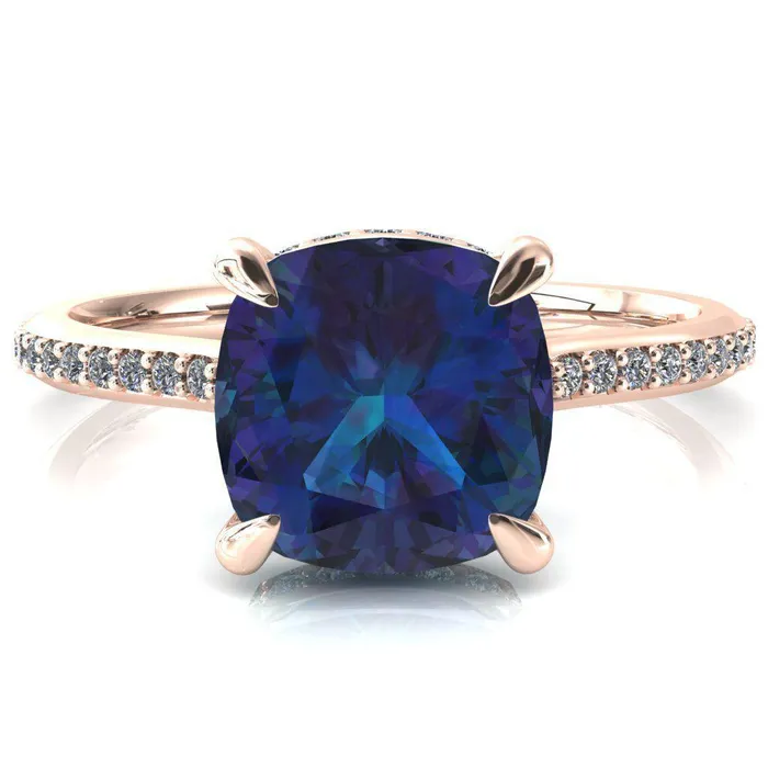 Fire Brilliance Kiki Cushion Alexandrite 4 Prongs Claw Floating Halo 12 Pinpoint Inverted Cathedral Ring Rings