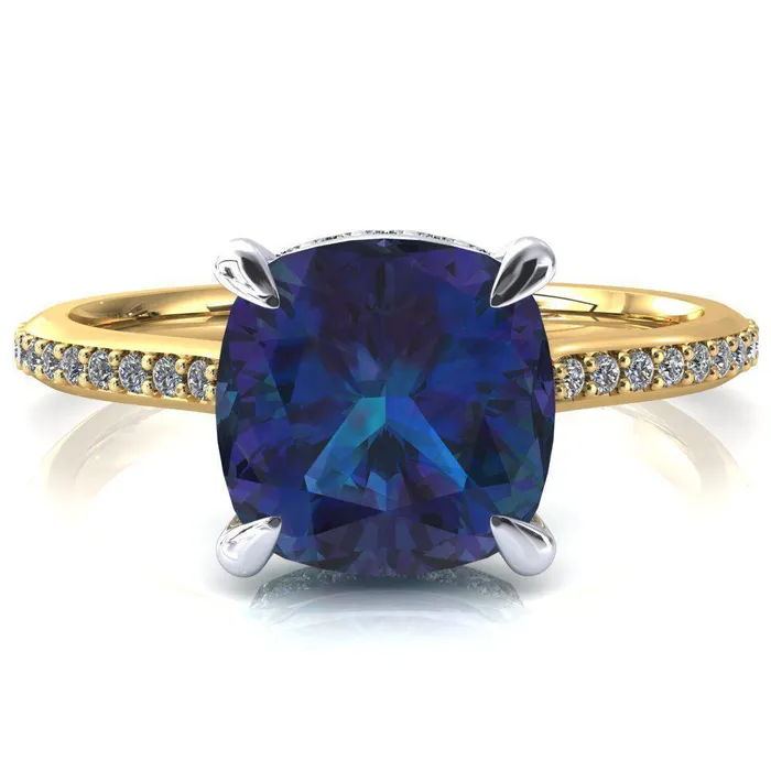 Fire Brilliance Kiki Cushion Alexandrite 4 Prongs Claw Floating Halo 12 Pinpoint Inverted Cathedral Ring Rings