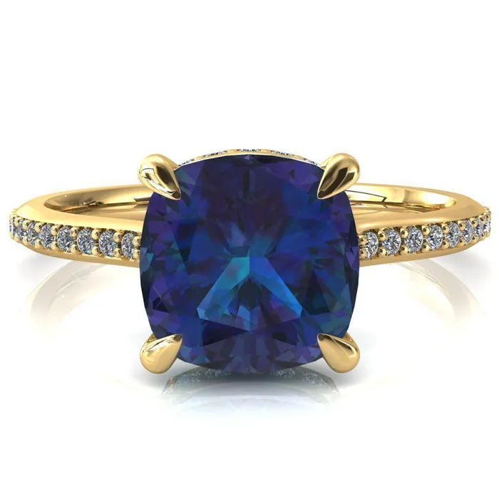 Fire Brilliance Kiki Cushion Alexandrite 4 Prongs Claw Floating Halo 12 Pinpoint Inverted Cathedral Ring Rings