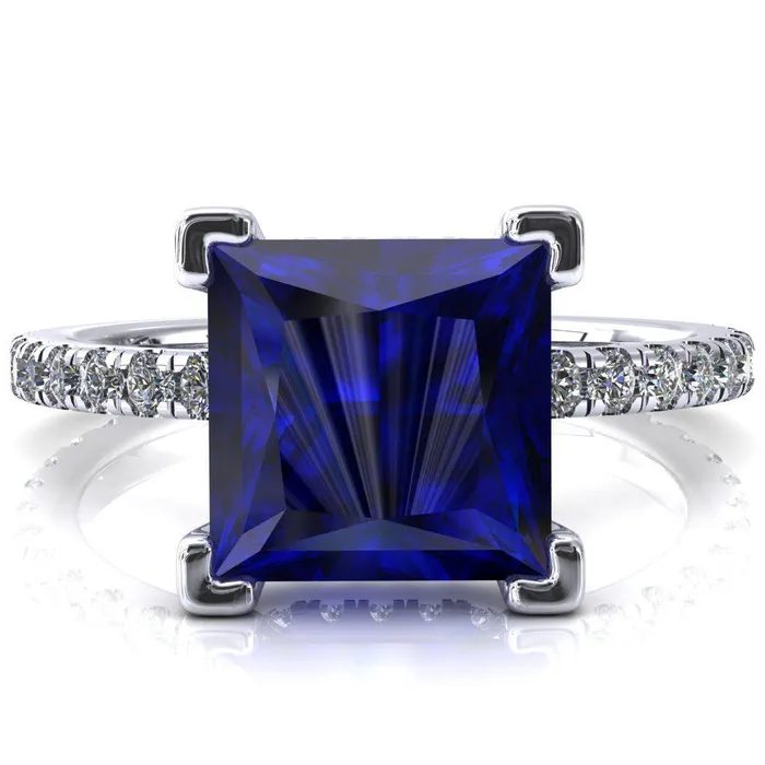 Fire Brilliance Rings Sicili Princess Blue Sapphire 4 Prong 34 Micro Pave Diamond Engagement Ring