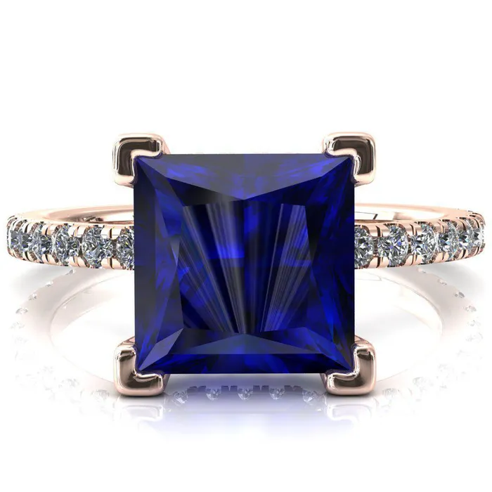 Fire Brilliance Rings Sicili Princess Blue Sapphire 4 Prong 34 Micro Pave Diamond Engagement Ring