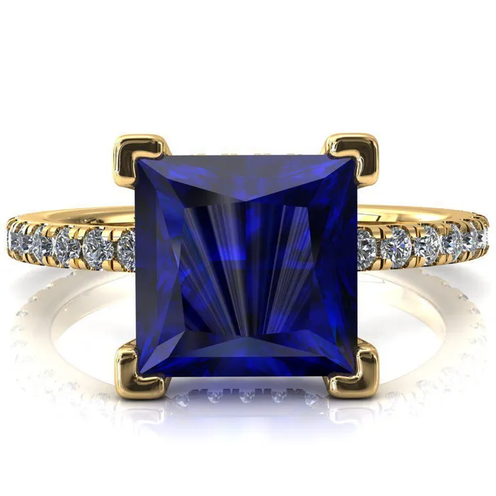 Fire Brilliance Rings Sicili Princess Blue Sapphire 4 Prong 34 Micro Pave Diamond Engagement Ring