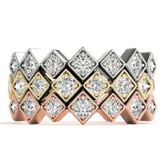 Fire Brilliance Rings Stackables 12 Eternity TriTone Gold Milgrain Square 4 Beaded Bezel 3Band Set Selectables