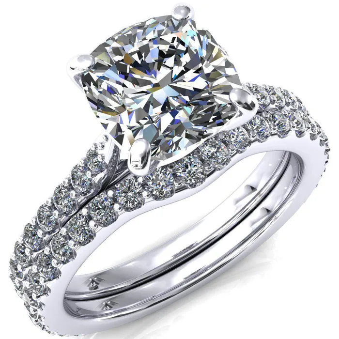Kelsy Cushion Moissanite 4 Prong 34 Shared Scalloped Inverted Cathedral Ring Fire Brilliance Rings