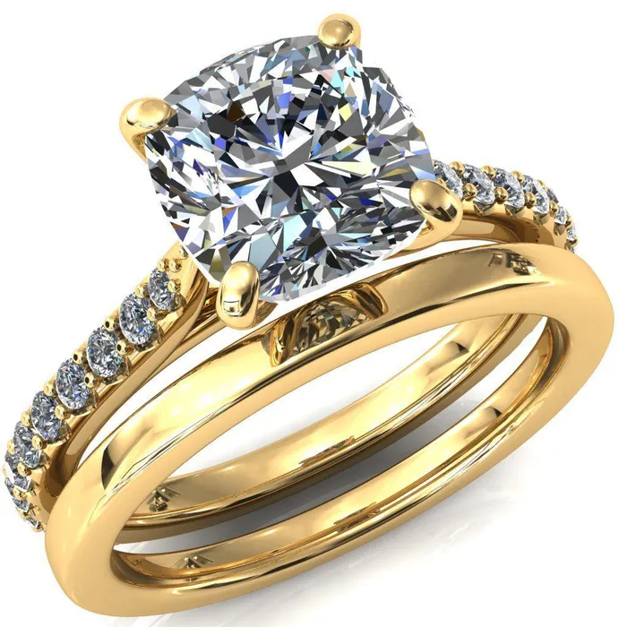 Kelsy Cushion Moissanite 4 Prong 34 Shared Scalloped Inverted Cathedral Ring Fire Brilliance Rings