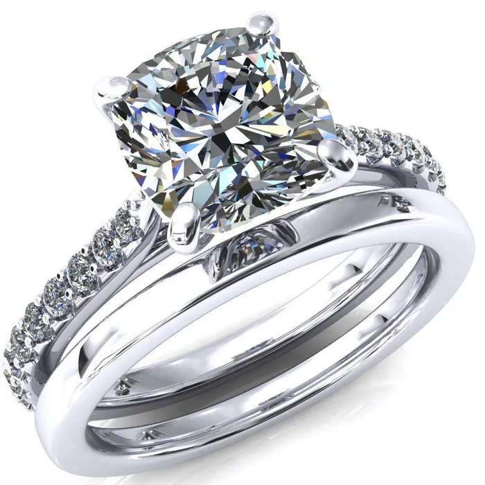 Kelsy Cushion Moissanite 4 Prong 34 Shared Scalloped Inverted Cathedral Ring Fire Brilliance Rings