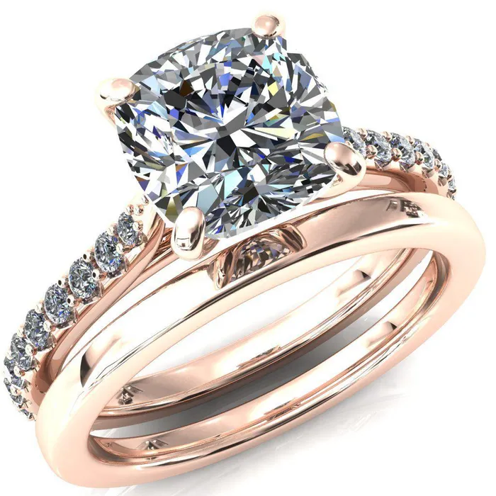Kelsy Cushion Moissanite 4 Prong 34 Shared Scalloped Inverted Cathedral Ring Fire Brilliance Rings