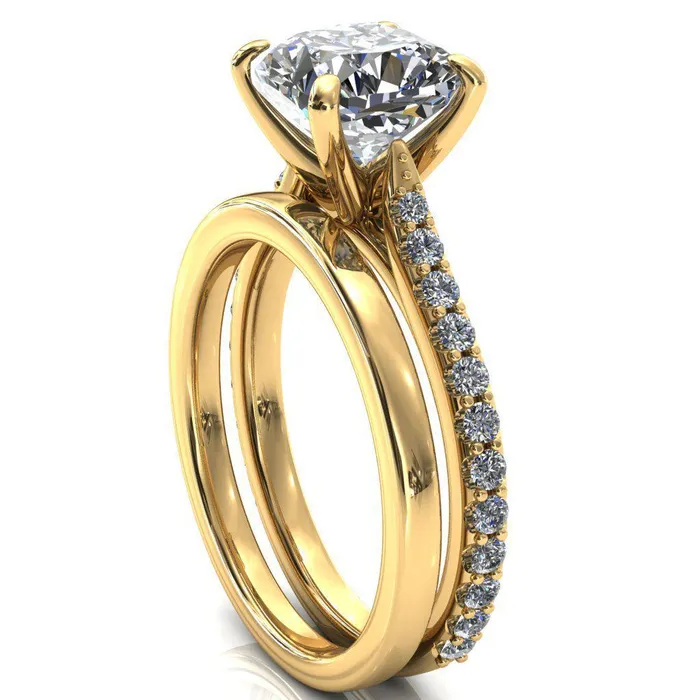 Kelsy Cushion Moissanite 4 Prong 34 Shared Scalloped Inverted Cathedral Ring Fire Brilliance Rings