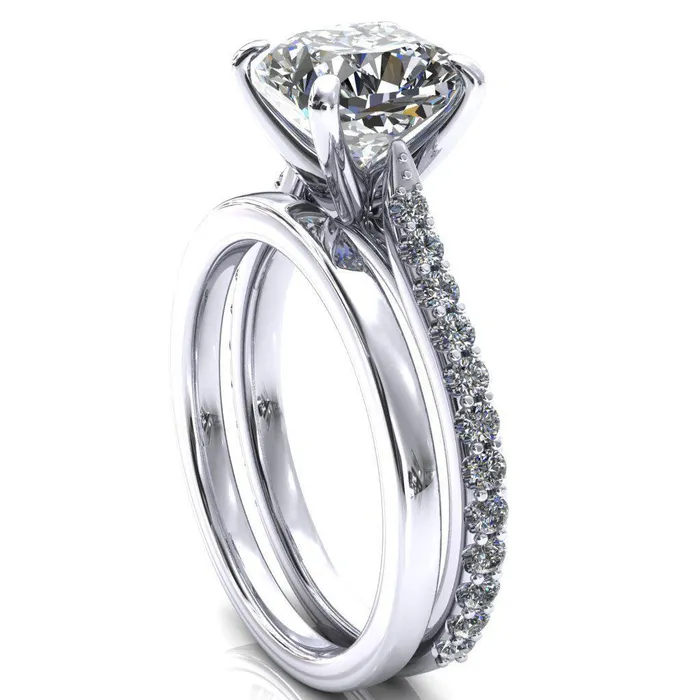 Kelsy Cushion Moissanite 4 Prong 34 Shared Scalloped Inverted Cathedral Ring Fire Brilliance Rings