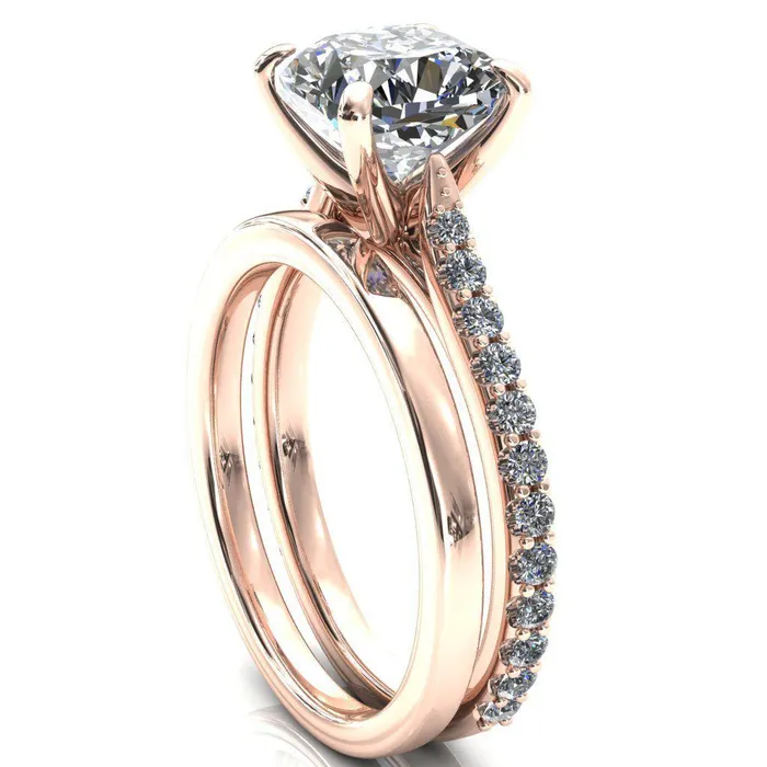 Kelsy Cushion Moissanite 4 Prong 34 Shared Scalloped Inverted Cathedral Ring Fire Brilliance Rings