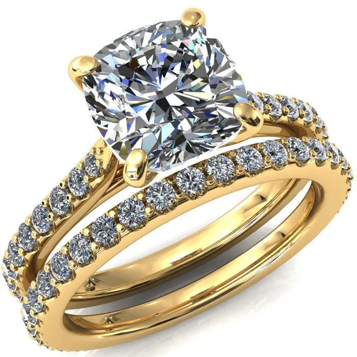 Kelsy Cushion Moissanite 4 Prong 34 Shared Scalloped Inverted Cathedral Ring Fire Brilliance Rings