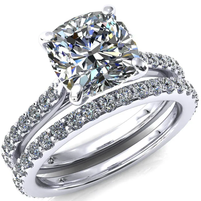 Kelsy Cushion Moissanite 4 Prong 34 Shared Scalloped Inverted Cathedral Ring Fire Brilliance Rings
