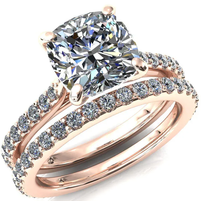 Kelsy Cushion Moissanite 4 Prong 34 Shared Scalloped Inverted Cathedral Ring Fire Brilliance Rings