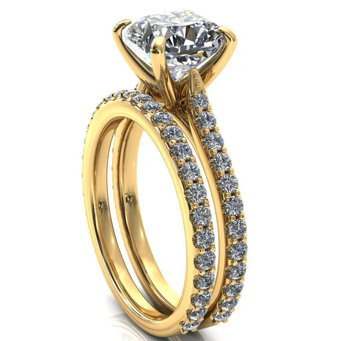 Kelsy Cushion Moissanite 4 Prong 34 Shared Scalloped Inverted Cathedral Ring Fire Brilliance Rings