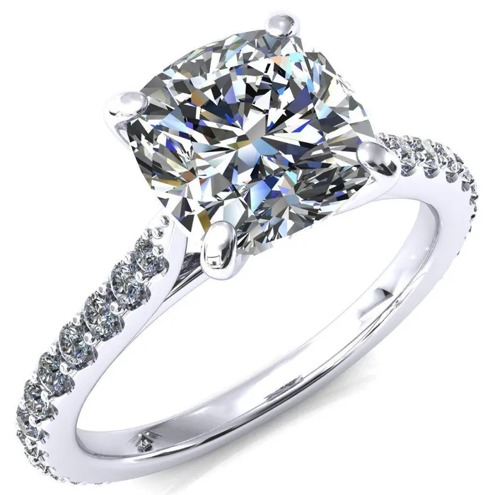 Kelsy Cushion Moissanite 4 Prong 34 Shared Scalloped Inverted Cathedral Ring Fire Brilliance Rings