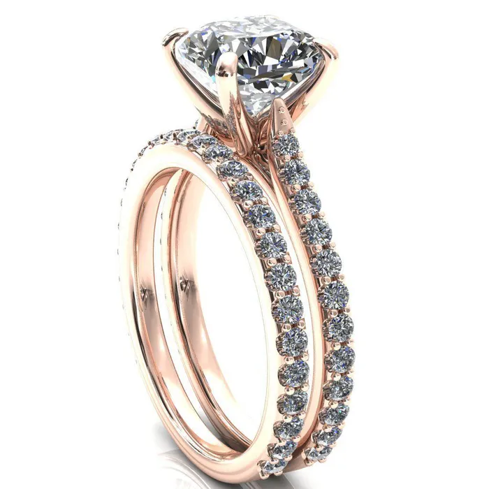 Kelsy Cushion Moissanite 4 Prong 34 Shared Scalloped Inverted Cathedral Ring Fire Brilliance Rings