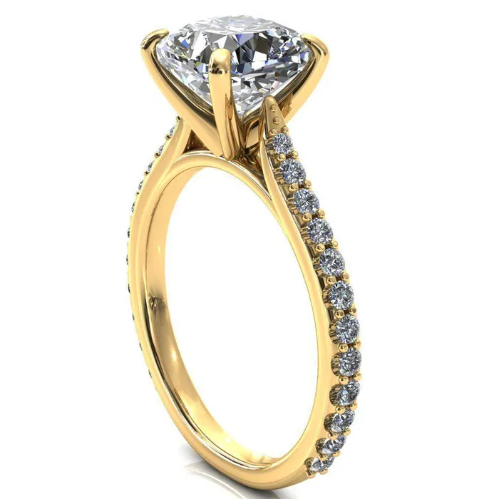 Kelsy Cushion Moissanite 4 Prong 34 Shared Scalloped Inverted Cathedral Ring Fire Brilliance Rings