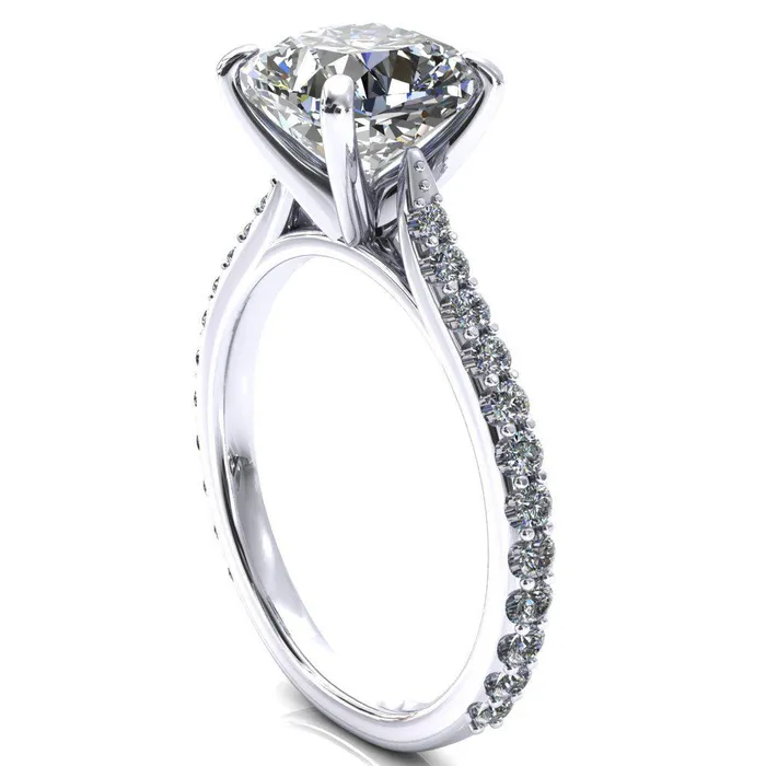 Kelsy Cushion Moissanite 4 Prong 34 Shared Scalloped Inverted Cathedral Ring Fire Brilliance Rings