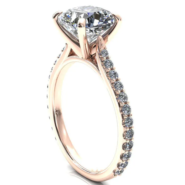 Kelsy Cushion Moissanite 4 Prong 34 Shared Scalloped Inverted Cathedral Ring Fire Brilliance Rings
