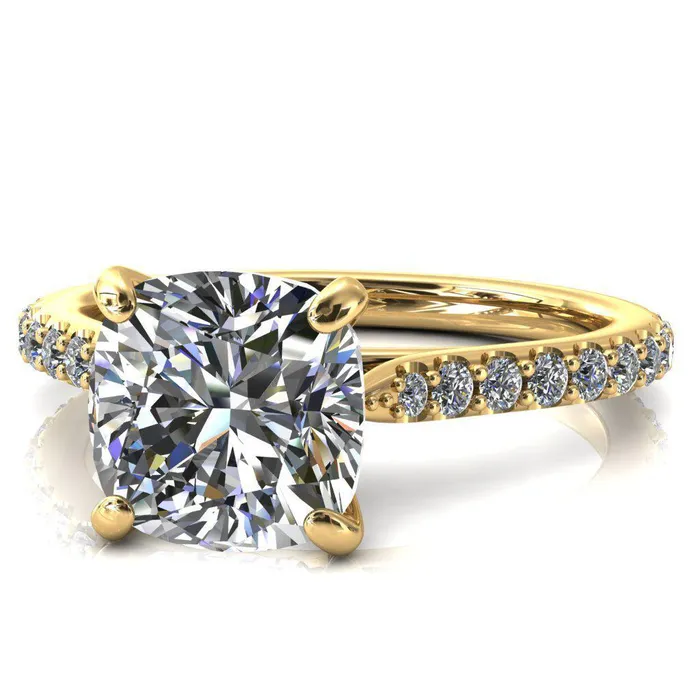 Kelsy Cushion Moissanite 4 Prong 34 Shared Scalloped Inverted Cathedral Ring Fire Brilliance Rings
