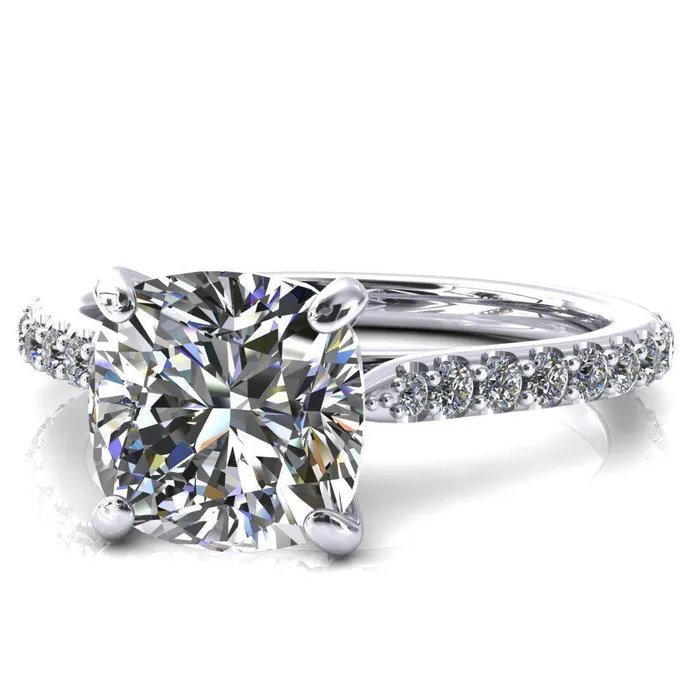 Kelsy Cushion Moissanite 4 Prong 34 Shared Scalloped Inverted Cathedral Ring Fire Brilliance Rings