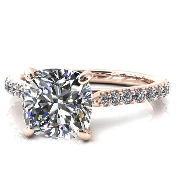 Kelsy Cushion Moissanite 4 Prong 34 Shared Scalloped Inverted Cathedral Ring Fire Brilliance Rings
