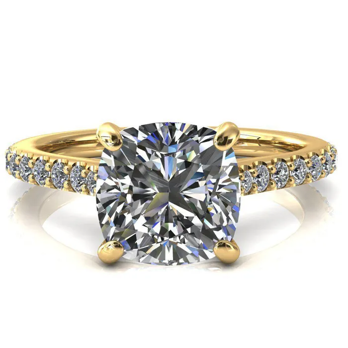 Kelsy Cushion Moissanite 4 Prong 34 Shared Scalloped Inverted Cathedral Ring Fire Brilliance Rings