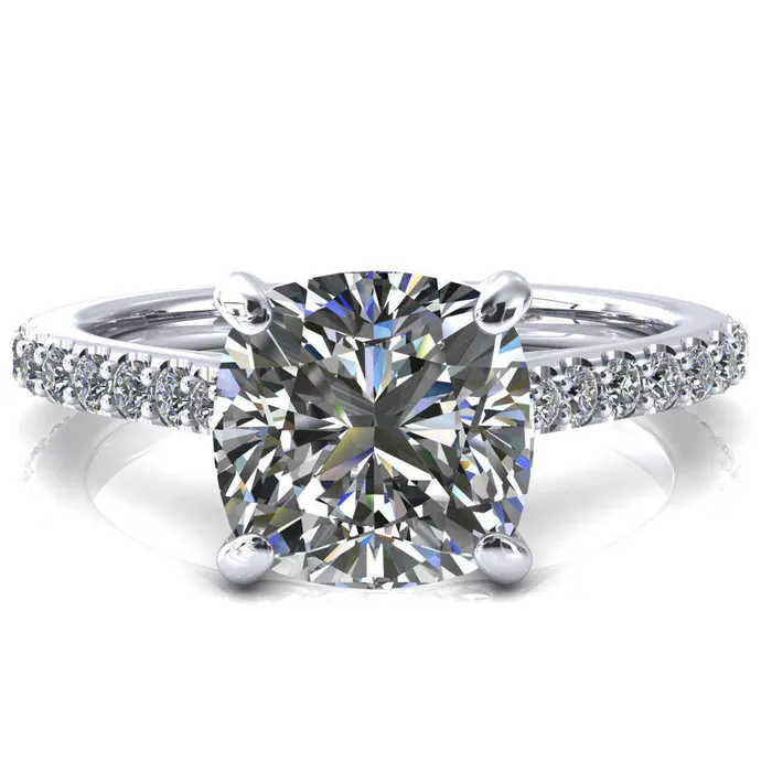 Kelsy Cushion Moissanite 4 Prong 34 Shared Scalloped Inverted Cathedral Ring Fire Brilliance Rings