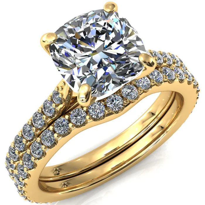 Kelsy Cushion Moissanite 4 Prong 34 Shared Scalloped Inverted Cathedral Ring Fire Brilliance Rings