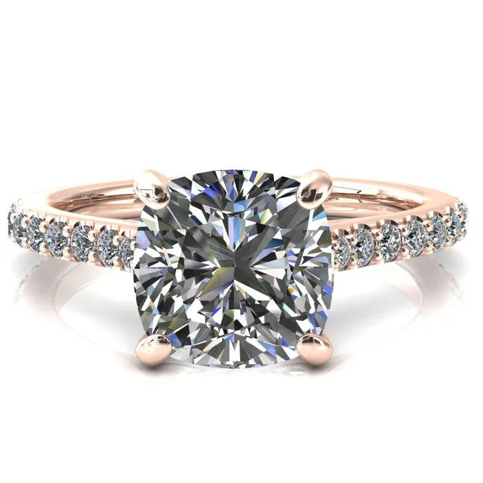 Kelsy Cushion Moissanite 4 Prong 34 Shared Scalloped Inverted Cathedral Ring Fire Brilliance Rings