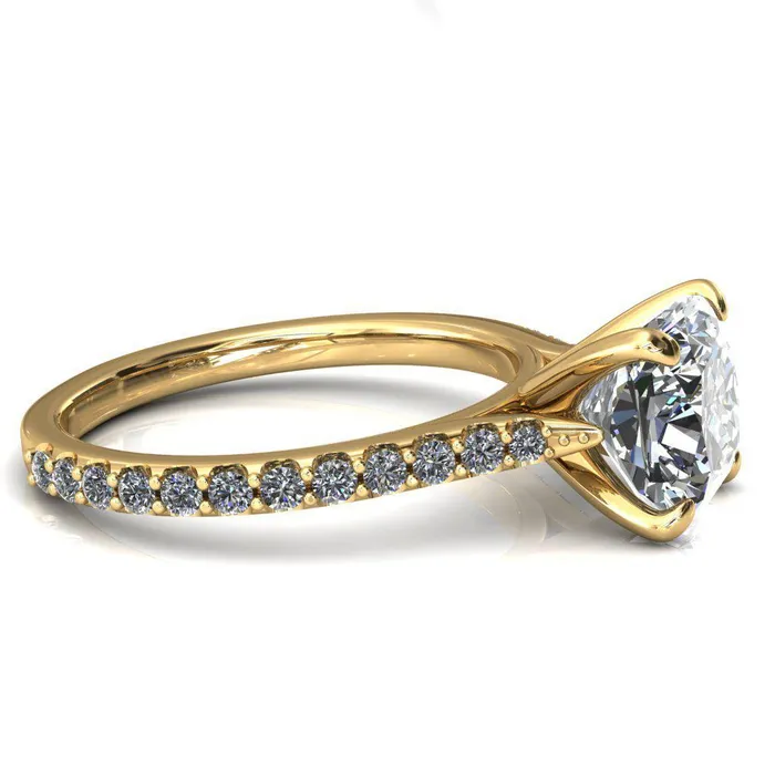 Kelsy Cushion Moissanite 4 Prong 34 Shared Scalloped Inverted Cathedral Ring Fire Brilliance Rings