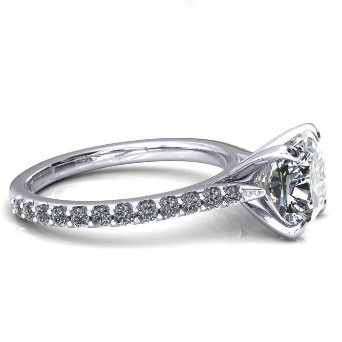 Kelsy Cushion Moissanite 4 Prong 34 Shared Scalloped Inverted Cathedral Ring Fire Brilliance Rings