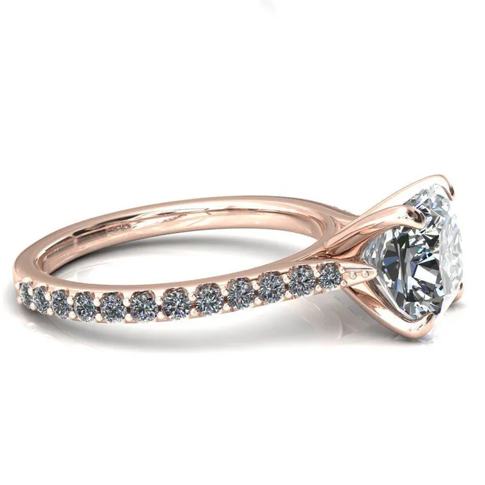Kelsy Cushion Moissanite 4 Prong 34 Shared Scalloped Inverted Cathedral Ring Fire Brilliance Rings