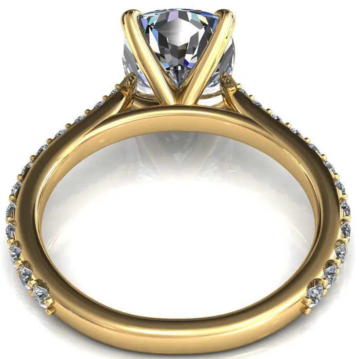 Kelsy Cushion Moissanite 4 Prong 34 Shared Scalloped Inverted Cathedral Ring Fire Brilliance Rings