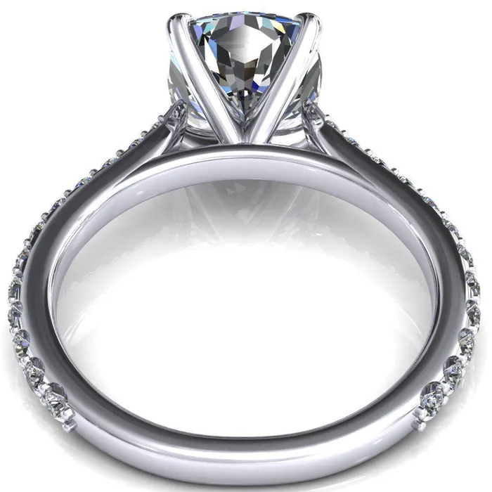 Kelsy Cushion Moissanite 4 Prong 34 Shared Scalloped Inverted Cathedral Ring Fire Brilliance Rings