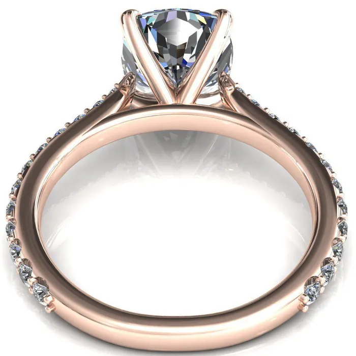 Kelsy Cushion Moissanite 4 Prong 34 Shared Scalloped Inverted Cathedral Ring Fire Brilliance Rings