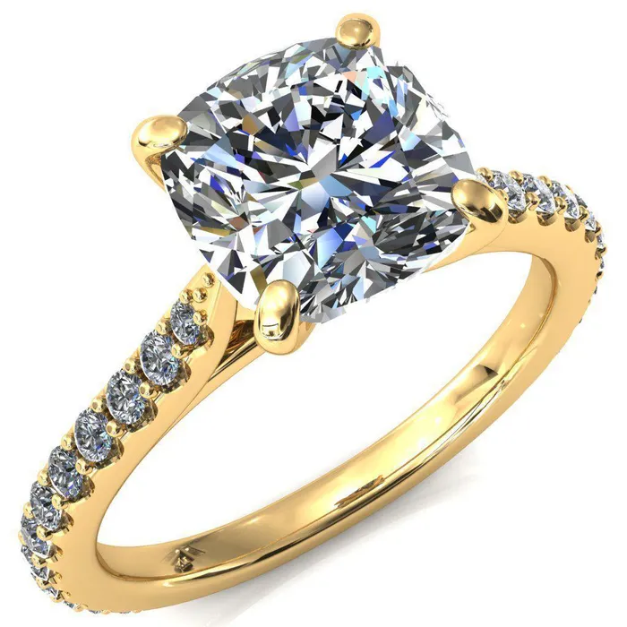 Kelsy Cushion Moissanite 4 Prong 34 Shared Scalloped Inverted Cathedral Ring Fire Brilliance Rings
