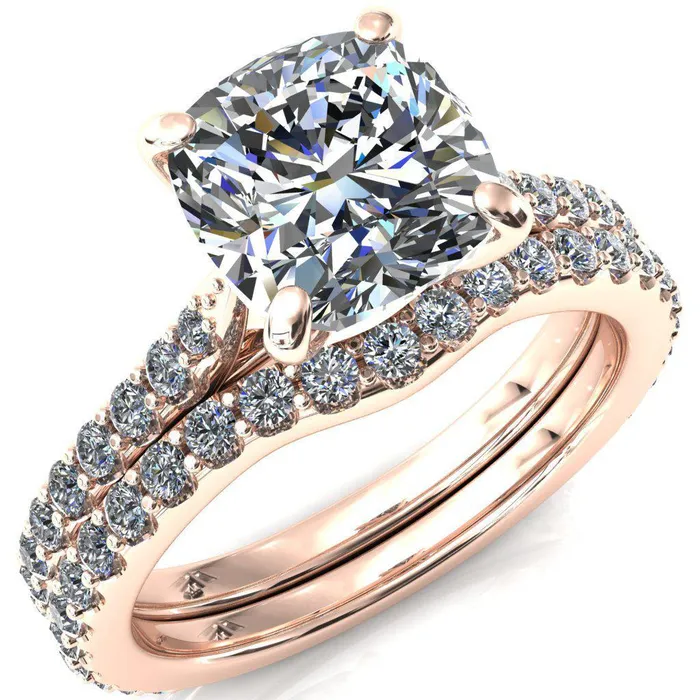 Kelsy Cushion Moissanite 4 Prong 34 Shared Scalloped Inverted Cathedral Ring Fire Brilliance Rings