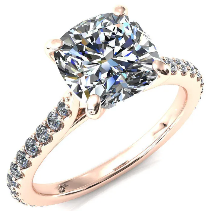 Kelsy Cushion Moissanite 4 Prong 34 Shared Scalloped Inverted Cathedral Ring Fire Brilliance Rings