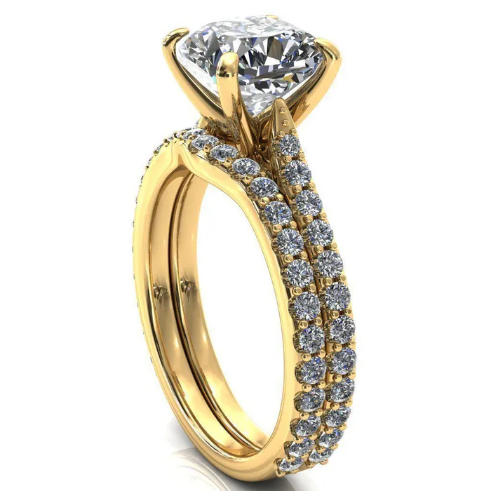 Kelsy Cushion Moissanite 4 Prong 34 Shared Scalloped Inverted Cathedral Ring Fire Brilliance Rings
