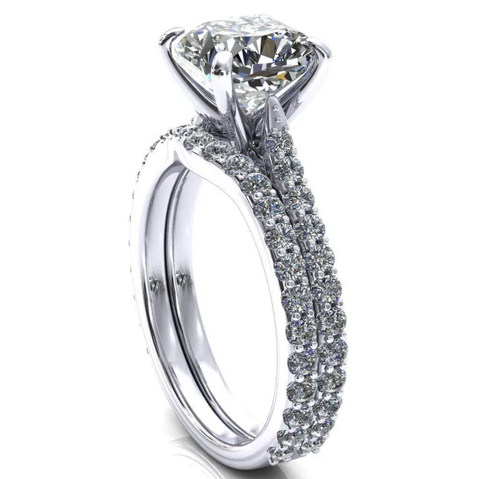 Kelsy Cushion Moissanite 4 Prong 34 Shared Scalloped Inverted Cathedral Ring Fire Brilliance Rings