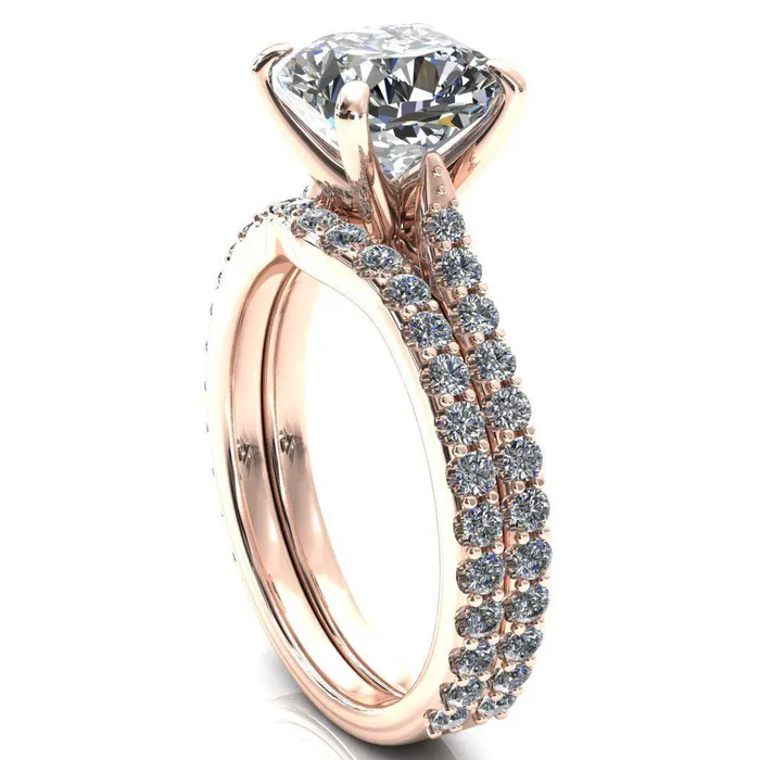 Kelsy Cushion Moissanite 4 Prong 34 Shared Scalloped Inverted Cathedral Ring Fire Brilliance Rings